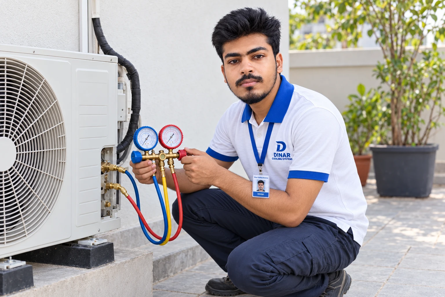 Imran checking refrigerant pressure with manifold gauges connected to an outdoor air conditioner